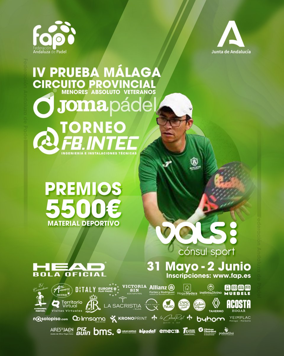 🟢 IV Prueba Circuito Provincial Málaga Torneo FB INTEC 📍Valsport Cónsul 📅 Del 31 de mayo al 2 de junio 📆 Cierre de inscripción: 28 de mayo - 14:00 horas 📝 Inscripciones: fap.es #FAP #SomosFAP #padel #CircuitoProvincial