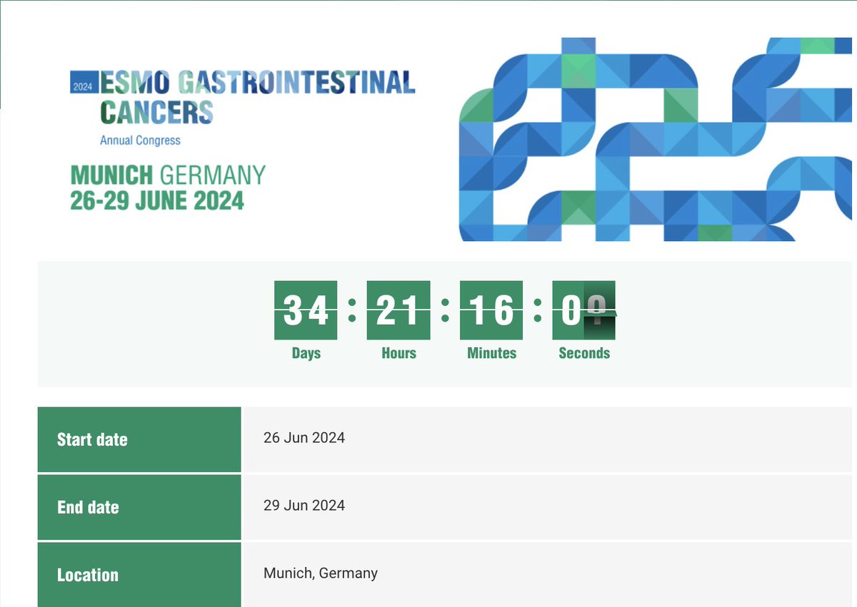 The clock is ticking…only 34 days left until we welcome you for the @myESMO Gastrointestinal Cancers Congress 2024 in beautiful Munich. #ESMOGI24