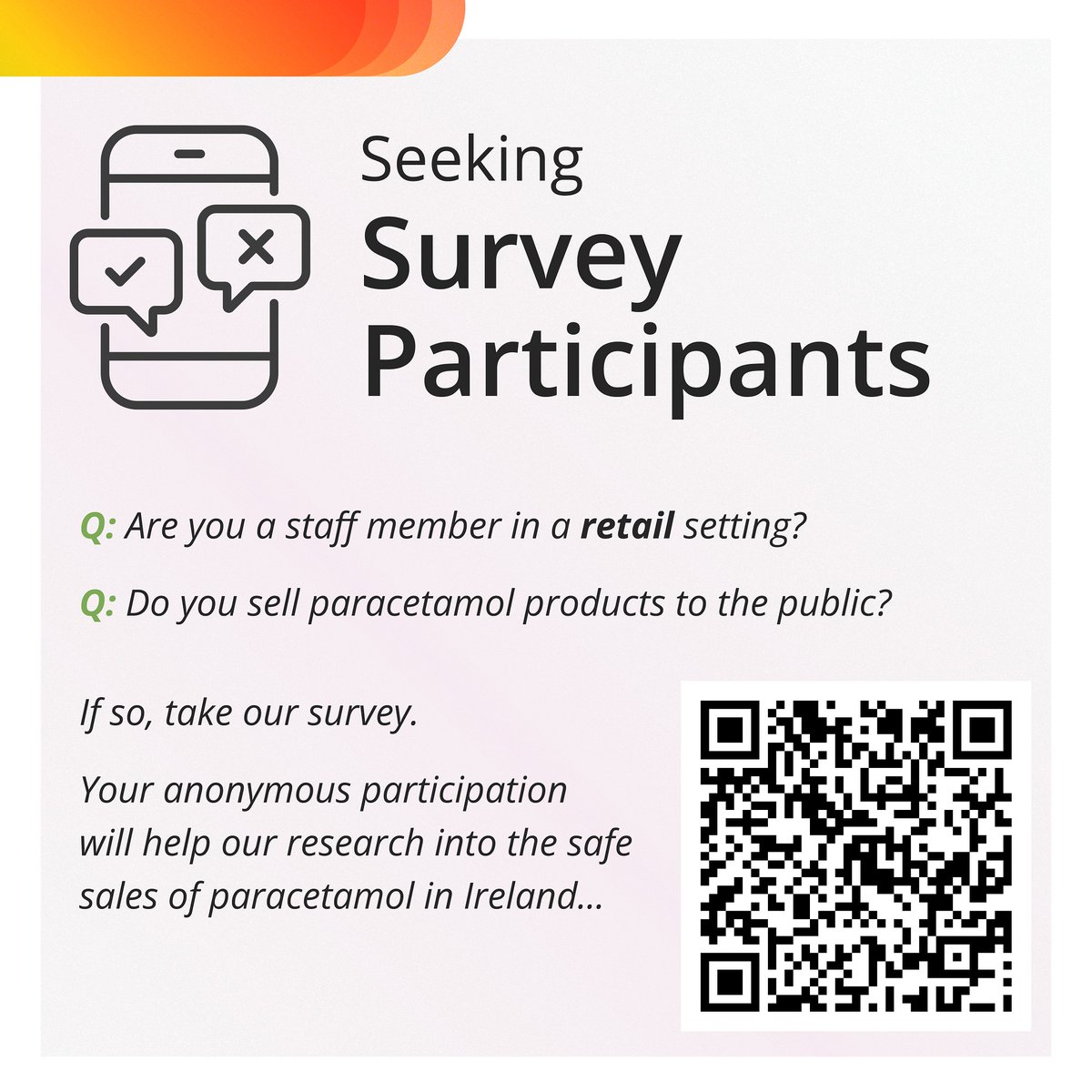 Do you work in retail, and sell paracetamol products to the public? We want to hear from you! Take a few minutes to complete this short online survey and help our research to understand how to support the pharmacy sector in safe sales of paracetamol: ucc.qualtrics.com/jfe/form/SV_23…