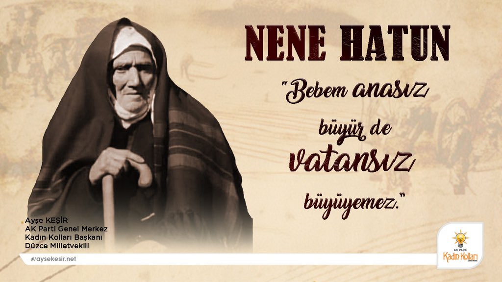 “Önce Vatan” diyen kahraman Türk kadını, Nene Hatun’u, vefatının yıl dönümünde rahmetle anıyorum. 🇹🇷

Kuruluştan kurtuluşa, dün olduğu gibi bugün de “Büyük Türkiye” için kadın erkek omuz omuza çalışmaya devam edeceğiz.

#NeneHatun