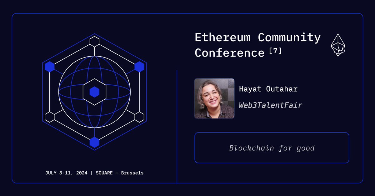 Say hello to your EthCC[7] speakers!

<a href="/HayatOutahar/">Hayat Outahar</a> from Web3TalentFair

Track: Blockchain for Good

See you in Brussels! 🖤💛❤️