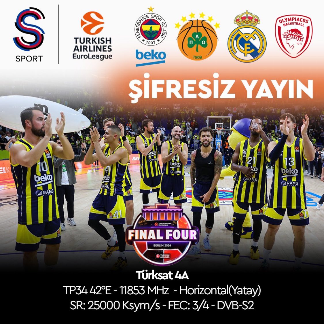 Ssport, Turkish Airlines EuroLeague Final Four’daki tüm maçların Şifresiz olarak yayınlacayacağını açıkladı.