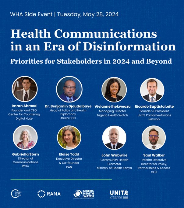 Join us at #WHA77 side event with @PandemicAction, @UNITE_MPNetwork, and Resilience Action Network Africa. Focus will be on ways to address misleading health narratives through strategic communications. Register here: nhwat.ch/3QPOBDp 📅 28th May 2024 ⏰ 7:00 - 9:00 CET