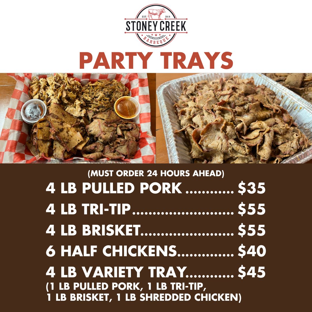 Introducing our Party Trays! Perfect for parties, catering events, meal prep, or the super hungry individual! Must order at least 24 hours ahead of time. #StoneyCreekBBQ #Porterville #PartyTrays #Party #Catering #Events #MealPrep #TriTip #Brisket #PulledPork #Chicken