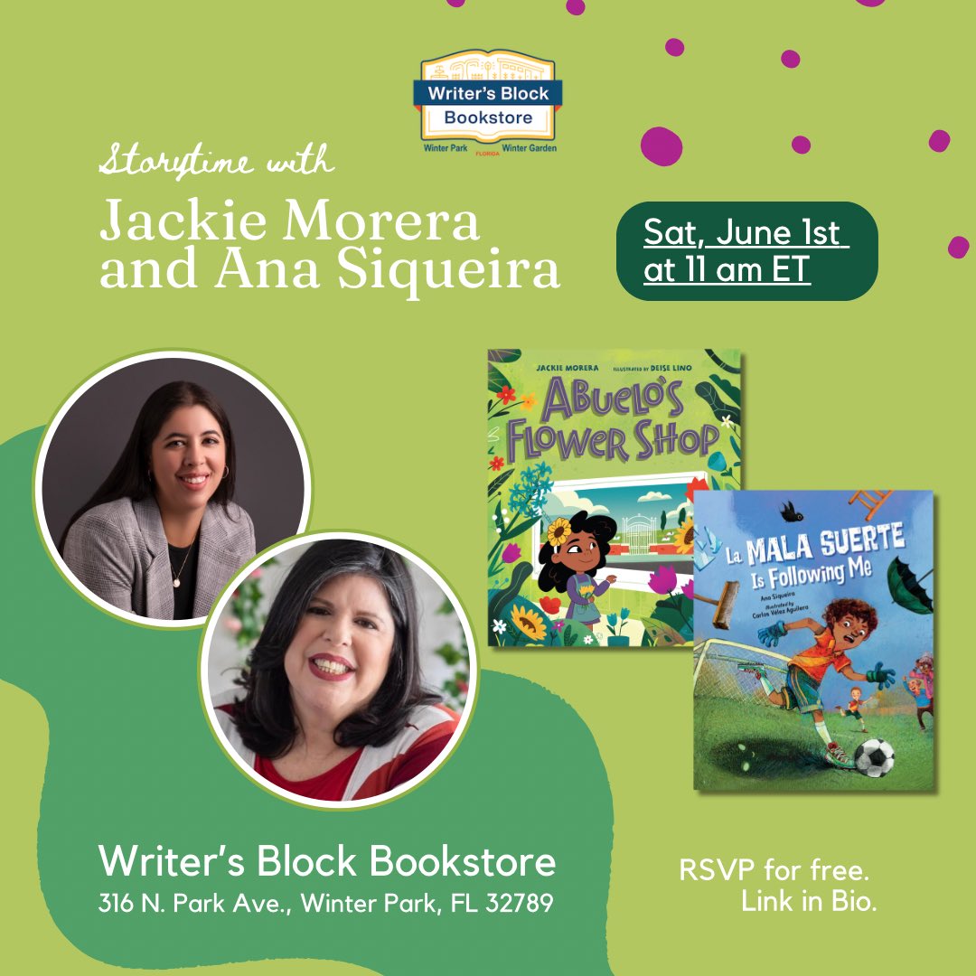 10 days until my first book event ever! 😱 If you’re in the Orlando area, I hope you’ll join @SraSiqueira1307 and me at @WritersBlockWP on 6/1 at 11 am for a joint story time! RSVP here: bit.ly/3UR8Xxc