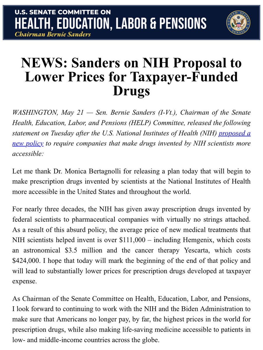 For nearly 3 decades, the NIH has given away taxpayer-funded prescription drugs invented by federal scientists to Big Pharma — with virtually no strings attached. Let me thank NIH Director Dr. Bertagnolli for releasing a plan that will begin to change this ABSURD policy.