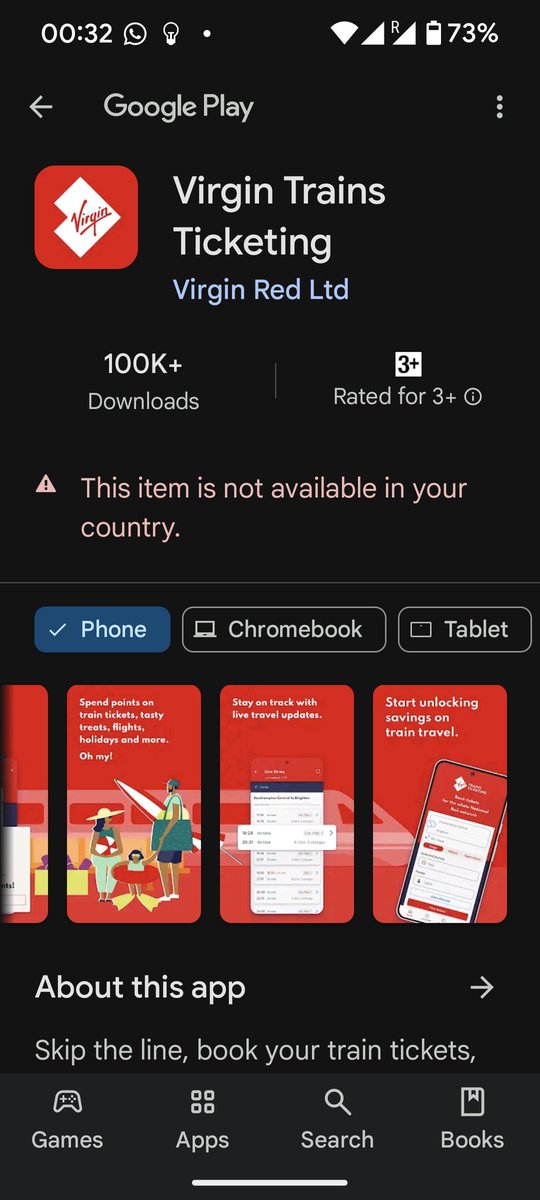 sbraithwaite's tweet photo. @VirginTrainsTix my phone was first used/setup in Australia and now I live in UK I cannot use your geolocation restricted app! Why put this restriction on? It would have been the Developers choice to do so, not Google as other apps can be downloaded fine. https://t.co/RyQ1Qdqzr2