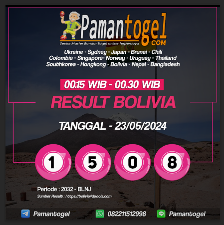 Result Pasaran  BOLIVIA  23/05/2024
Prize 1 :  1508
Shio :   Ayam (08)
Selamat para pemenang
Play, Bet And Win With Us
#slotgacorhariini #daftarslot #akunslot #situsslot #bandartogel #situstogel #totomacau #pamantogel #paitopaman