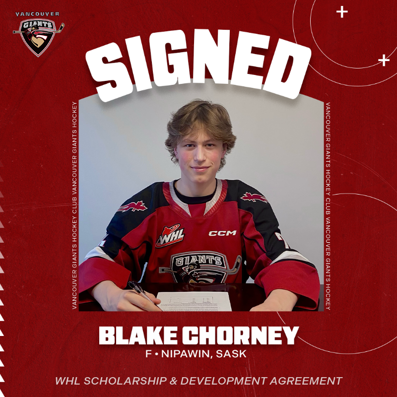 WHLGiants's tweet photo. Signing Alert! ✍️ 

We're thrilled to announce we have inked 2024 1st-Round Pick Blake Chorney to a WHL Scholarship and Development Agreement!

Chorney had a standout playoffs for @NAXHockey U15 Prep, helping them win a  @csshl Championship.

READ ⬇️

#GiantNewEra