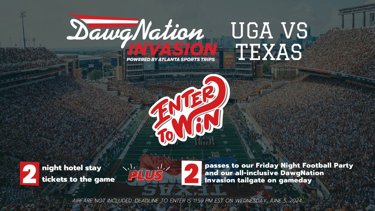 DawgNation, we're invading Austin! And you can join us! Our partners at Atlanta Sports Trips are giving away to one lucky winner two tickets to the game, 2 nights of lodging, and the ultimate tailgate experience. Click to learn more and enter to win: bit.ly/TexasInvasionG…
