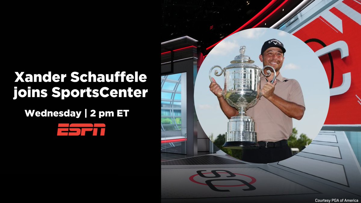 Wednesday, @XSchauffele joins the 2p ET edition of @SportsCenter The 2024 #PGAChamp, accompanied by the Wanamaker Trophy, will discuss his breakthrough win with @MattBarrie