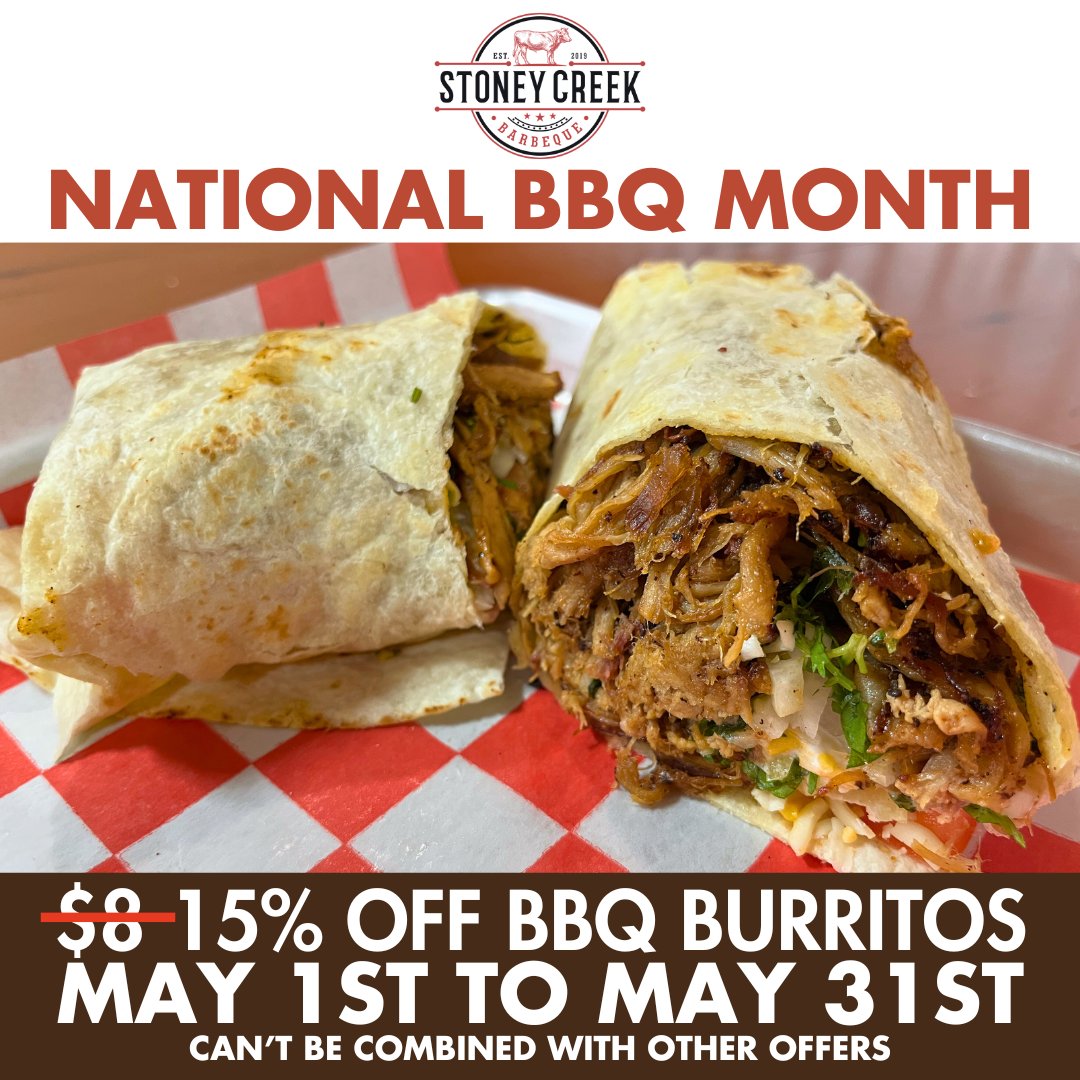 It's National BBQ Month! To celebrate, we're taking 15% OFF ALL of our BBQ Burritos! Get a delicious Pulled Pork Burrito for under $7! #StoneyCreekBBQ #Porterville #BBQ #NationalBBQMonth #BBQBurrito #Burrito #LowAndSlow #WorthTheDrive