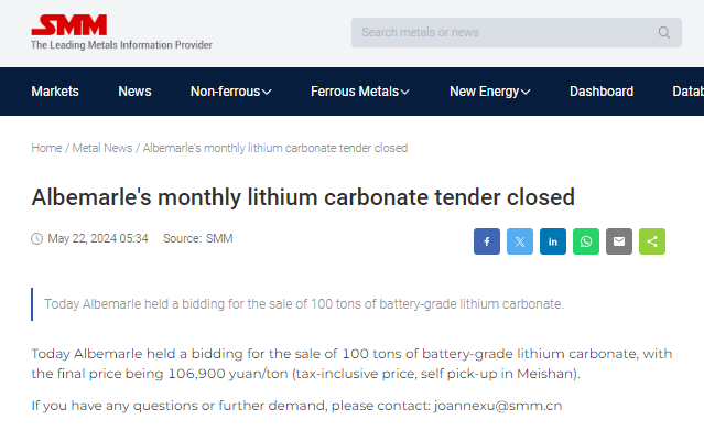 jczuleta's tweet image. Breaking News! 
#Albemarle's latest lithium carbonate auction closes at the same level as the spot price in China. What does this mean? Basically, there was no "price discovery" this time. $ALB could well have sold its 100 tonnes on the spot market.
