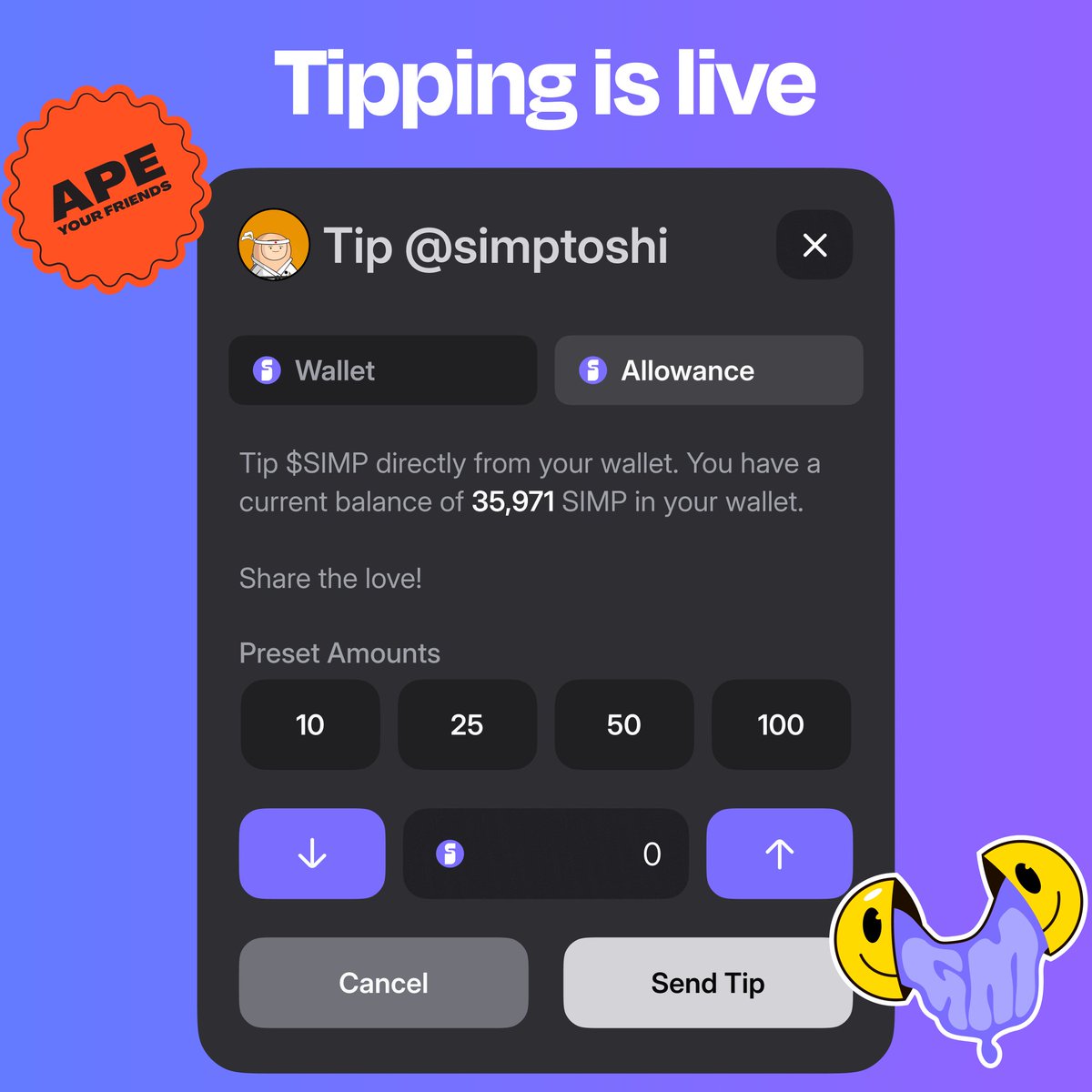 How about we start with just the tip uwu :3 👉😈👈 TIPPING IS LIVE!!!🥂🥳 You can now officially tip $SIMP on SIMPS.COM! 🤭 Get Simping, the first round is on us (check your notifications) 😘 $SIMP SUMMER IS HERE BABY!! 😏