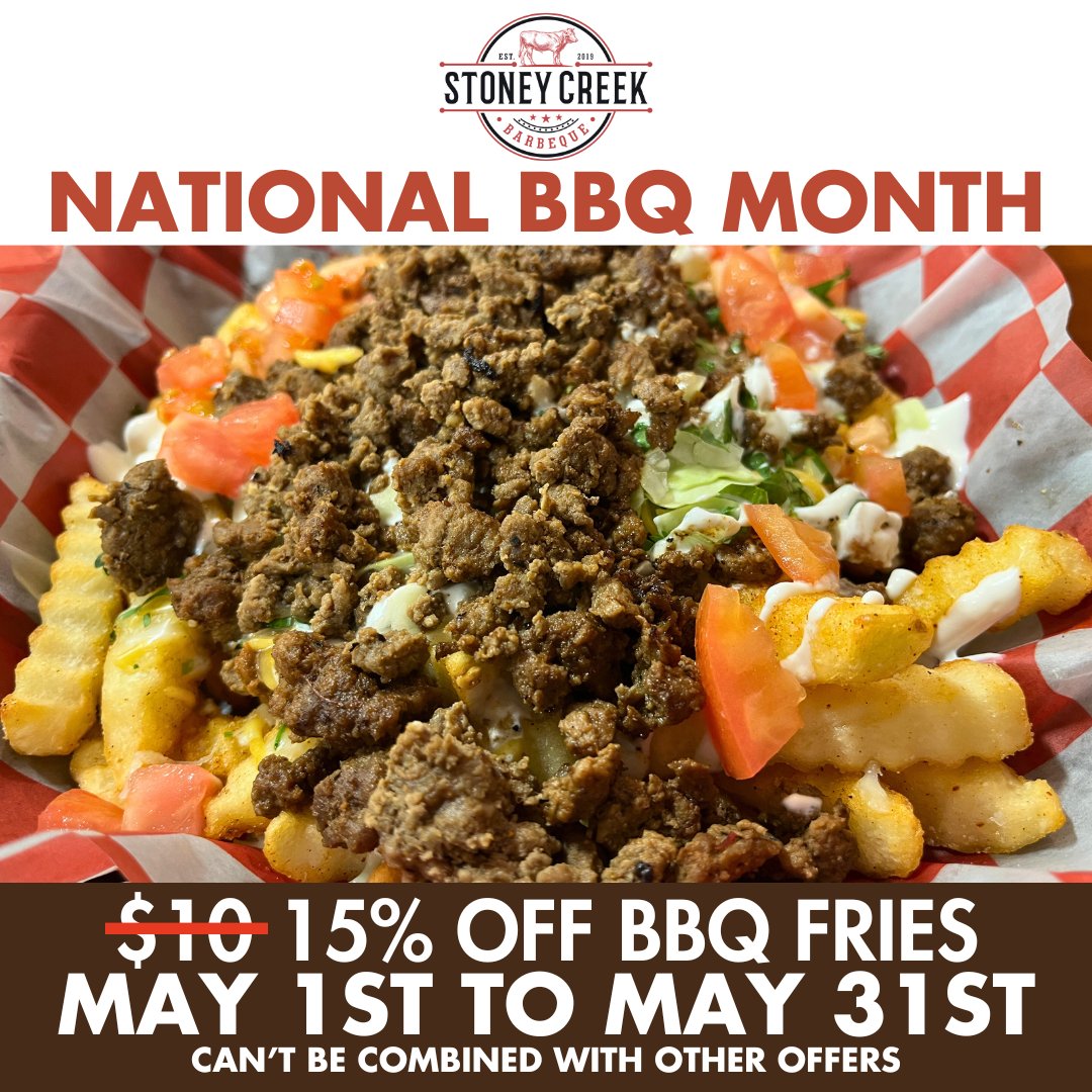 It's National BBQ Month! To celebrate, we're taking 15% OFF ALL of our BBQ Fries! Choose from carne asada, tri-tip, brisket, pulled pork, or shredded chicken! #StoneyCreekBBQ #Porterville #BBQ #NationalBBQMonth #BBQFries #Fries #LowAndSlow #WorthTheDrive