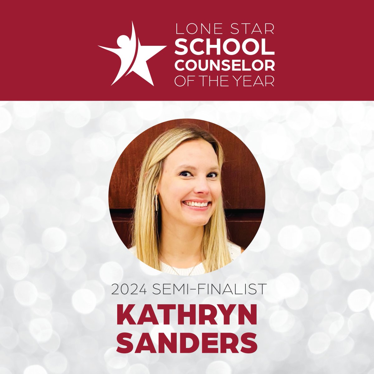 Texas! We proudly announce 2024 TX School Counselor of the Year Semi-Finalist Kathryn Sanders! Pls retweet &amp; help us congratulate her for delivering an outstanding top-notch comprehensive counseling program! Keep shining! #TEXAS #lsssca❤️🎉