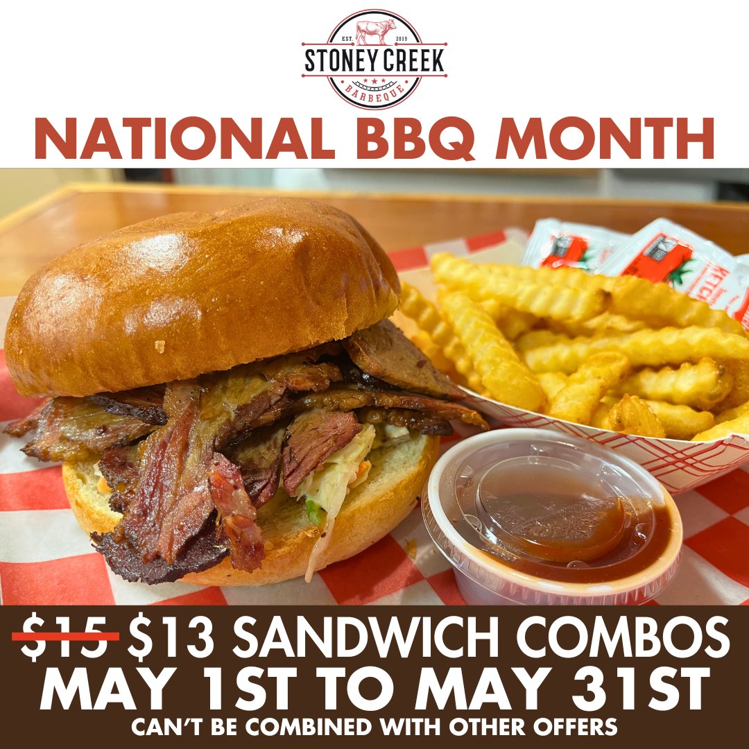 It's National BBQ Month! To celebrate, we're taking $2 OFF ALL of our Sandwich Combos! Get a delicious Brisket Sandwich with a side and a drink for only $13!!! #StoneyCreekBBQ #Porterville #BBQ #NationalBBQMonth #ChickenSandwich #LowAndSlow #WorthTheDrive