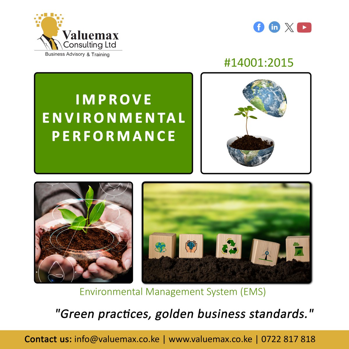 Companies seeking to manage their environmental impact, reduce their footprint, comply with environmental laws & enhance reputation among stakeholders can adopt an environmental management system.

#Environment #GreenEnergy #ClimateChange #Environment #Valuemax #ISOStandards