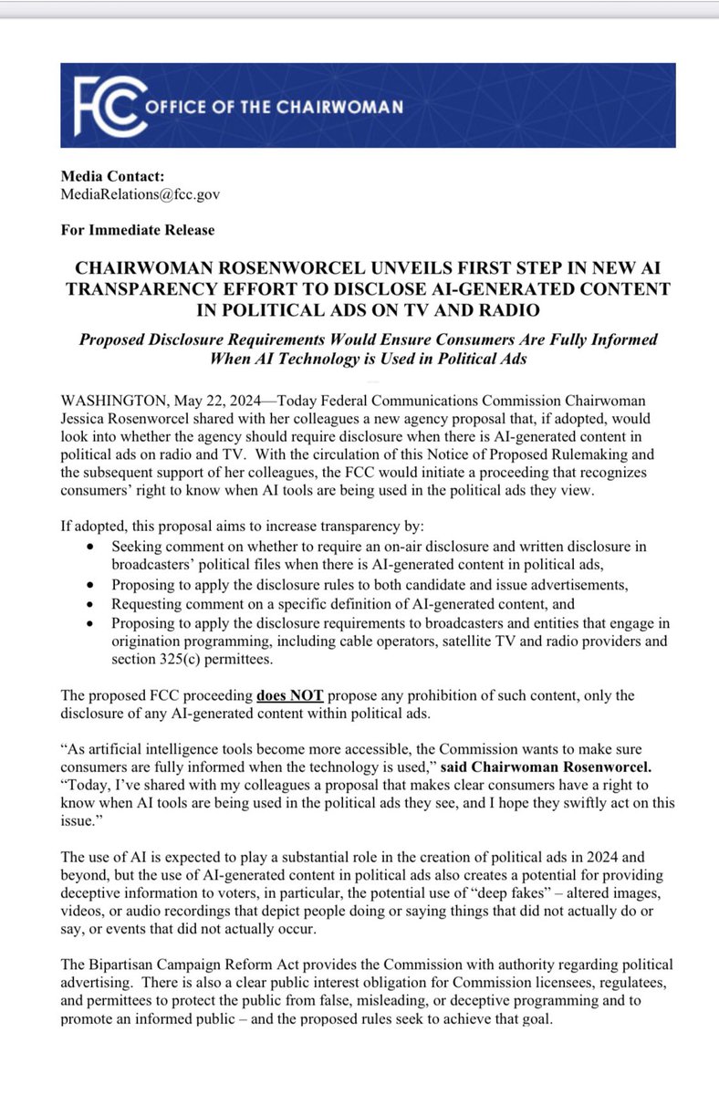👀 New proposed rulemaking from FCC chair <a href="/JRosenworcelFCC/">Jessica Rosenworcel</a> re: disclosing the use of AI in political ads ⬇️