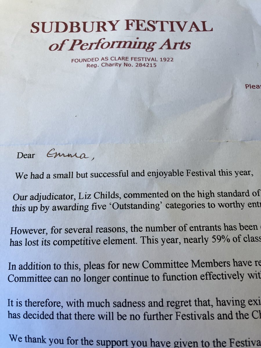 A sad day for amateur musicians in Suffolk. Our local music festival is finishing after 100 years. 59% of entries this year had just one entry. Schools can’t afford transport or time off. Music lessons are now the preserve only of those who can afford them.