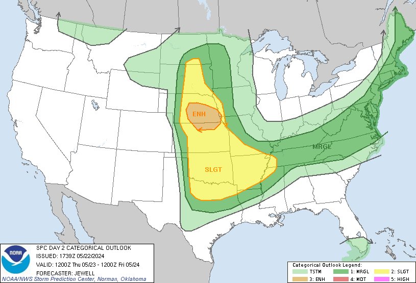 12:41pm CDT #SPC Day2 Outlook Enhanced Risk: from central Nebraska into northern Kansas eastward toward the Missouri River spc.noaa.gov/products/outlo…
