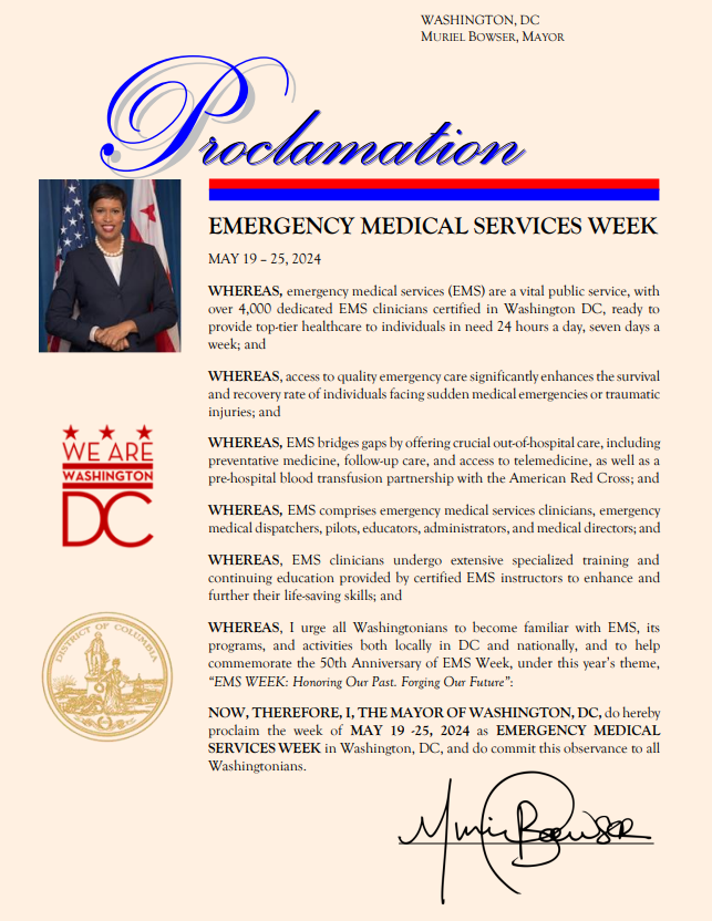 Emergency medical services are vital to our city and to our residents.

We're grateful for the 4,000+ EMS clinicians in the District who work every day to provide life-saving services, and we're proud to celebrate the 50th Anniversary of EMS Week.
