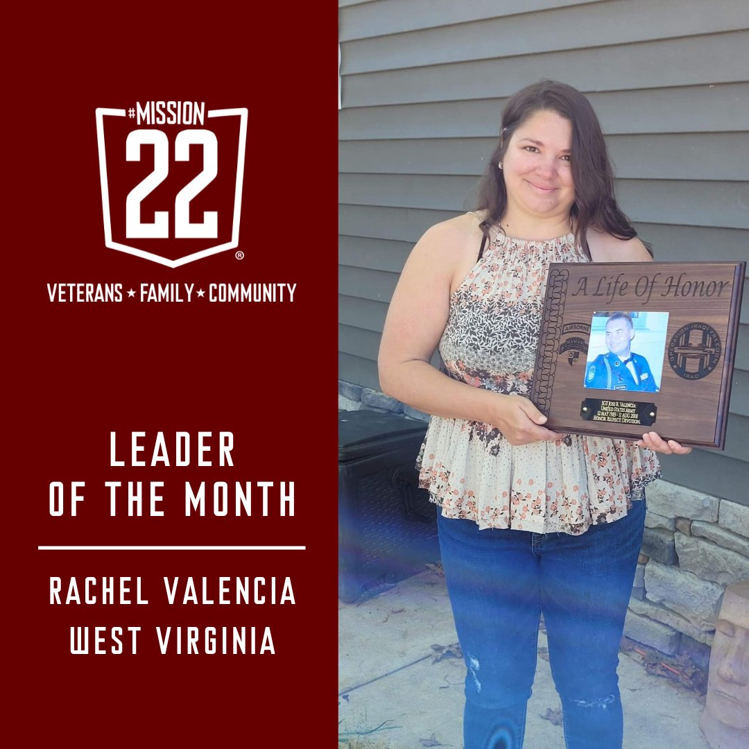 Congratulations to May's M22 #LeaderOfTheMonth Rachel Valencia! Rachel is an amazing state leader, and we are so grateful for her efforts to help those in her community. 🇺🇸 #Mission22 #FamilyHealing #PostTraumaticGrowth #VeteranWellness #VeteranSupportServices #UnitedWeHeal