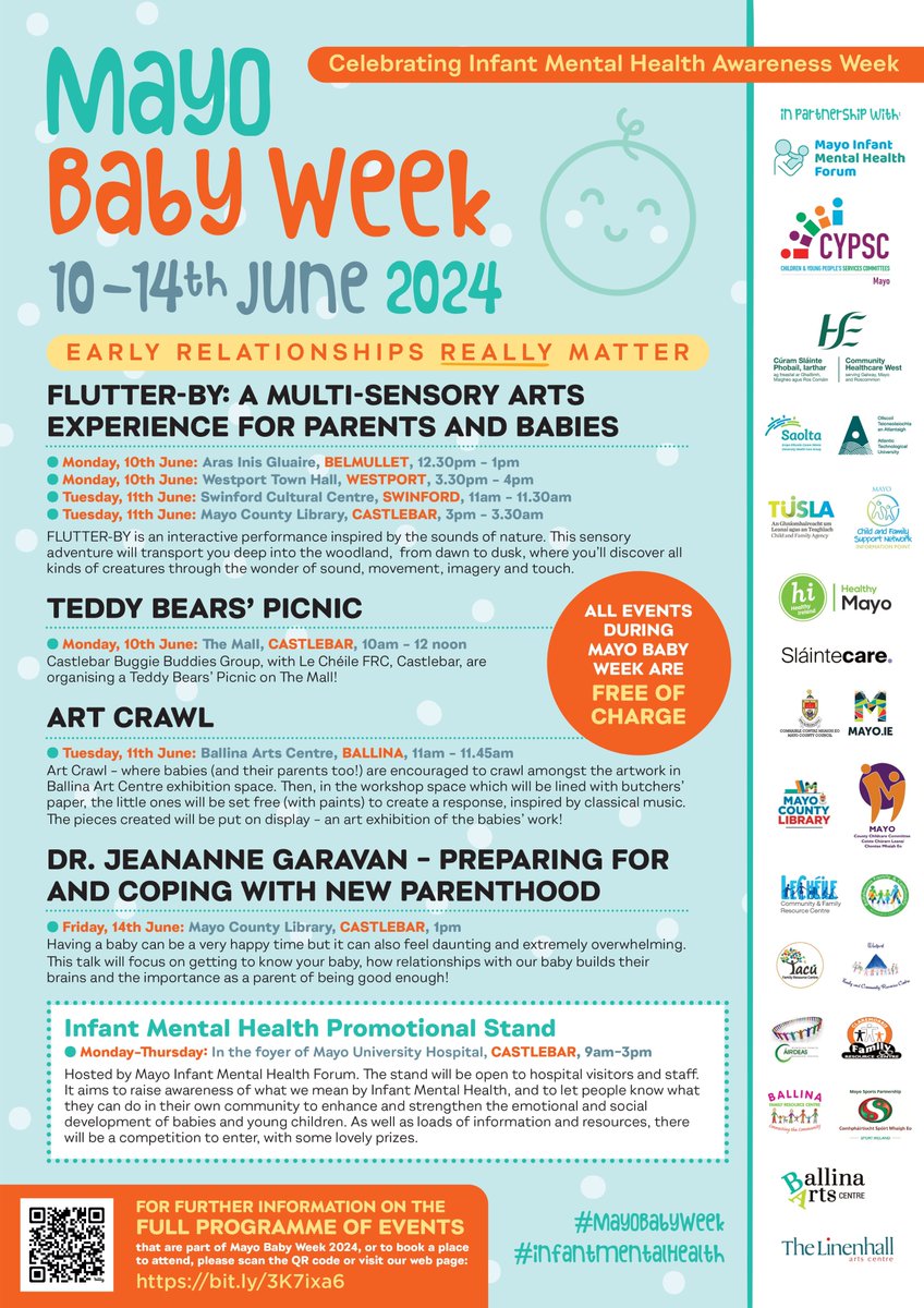 Mayo CYPSC, in partnership with the Mayo Infant Mental Health Forum, will host 'Mayo Baby Week' from June 10-14 next. The theme is 'Early Relationships Really Matter'. All Mayo Baby Week events are FREE of charge. Find out more here: westbewell.ie/2024/05/22/pro…