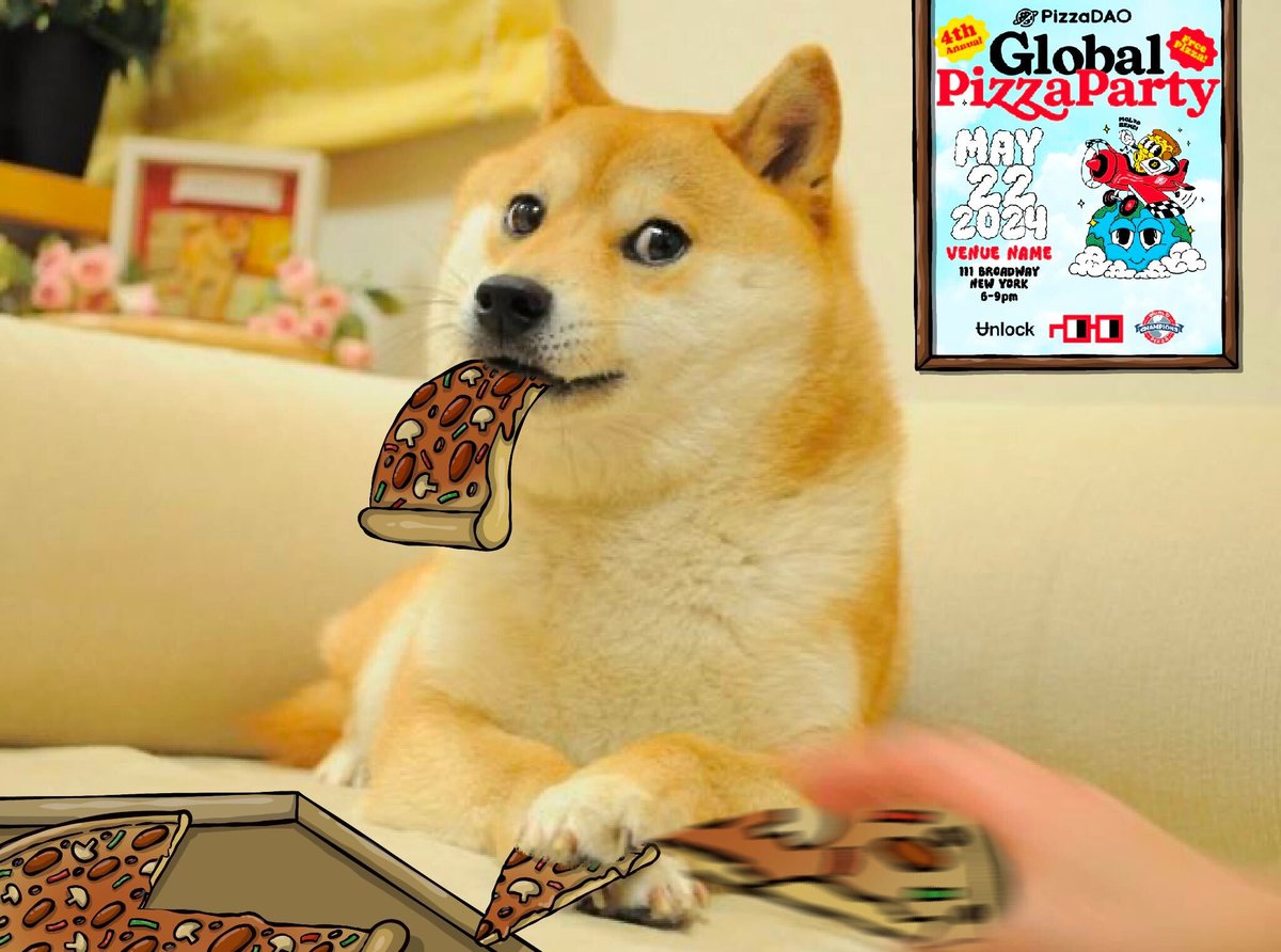 In celebration of #Bitcoin Pizza Day we are sponsoring the Global Pizza  Party extravaganza. Attend a party, post pictures tagging $DOG @ownthedoge  \u0026 @Pizza_DAO and share this post for a chance to, image size:1200x892