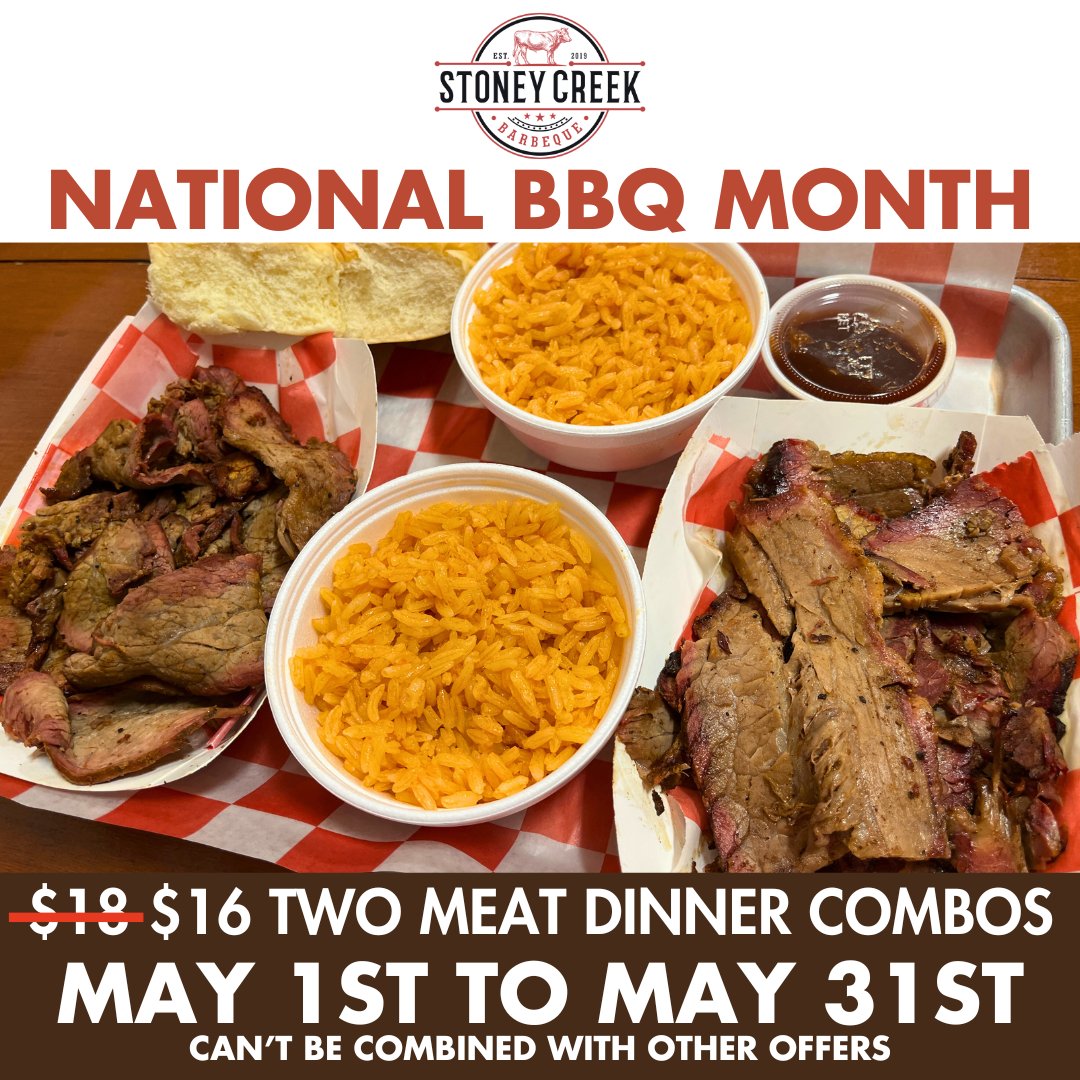 It's National BBQ Month! To celebrate, we're taking $2 OFF ALL of our 2 Meat Dinner Combos! Your choice of meat, bread, 2 sides & a drink for only $16!!! #StoneyCreekBBQ #Porterville #BBQ #NationalBBQMonth #DinnerCombo #TwoMeatDinnerCombo #LowAndSlow #WorthTheDrive