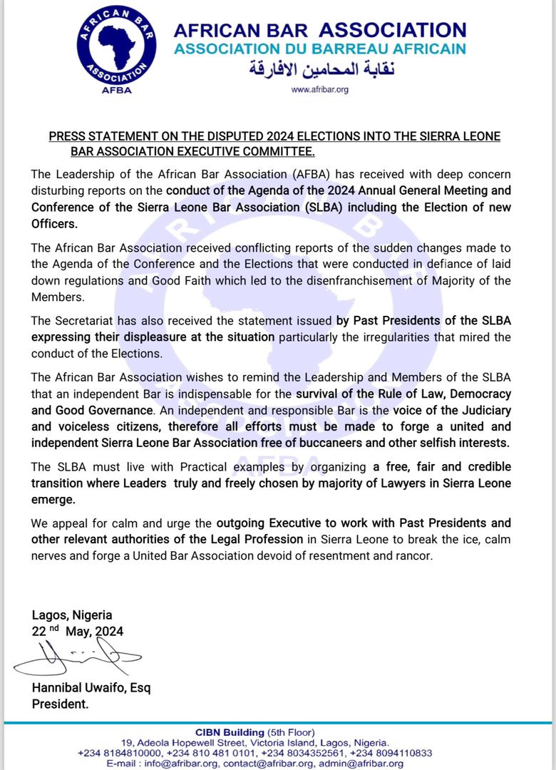 Statement by the African Bar Association on the recent #SierraLeone Bar Association elections. #SaloneX @leone_pr