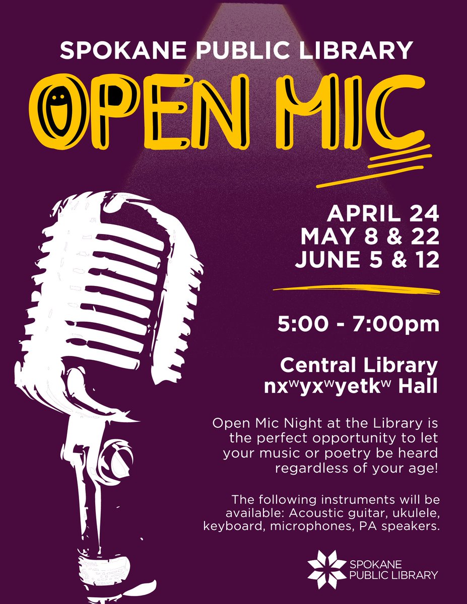 Excited to host again TONIGHT ⁦@spokanelibrary⁩, central! #music #poetry #arts #spokane ⁦⁦@MySpokaneCity⁩