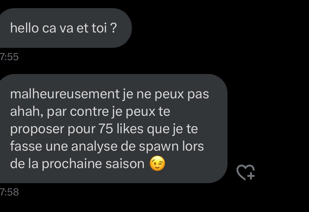 Bon les frères j’ai besoin de vous pour 75 likes @Coach_Milou me fait une analyse de spawn lors de la next saison 
Go fav pls je fb