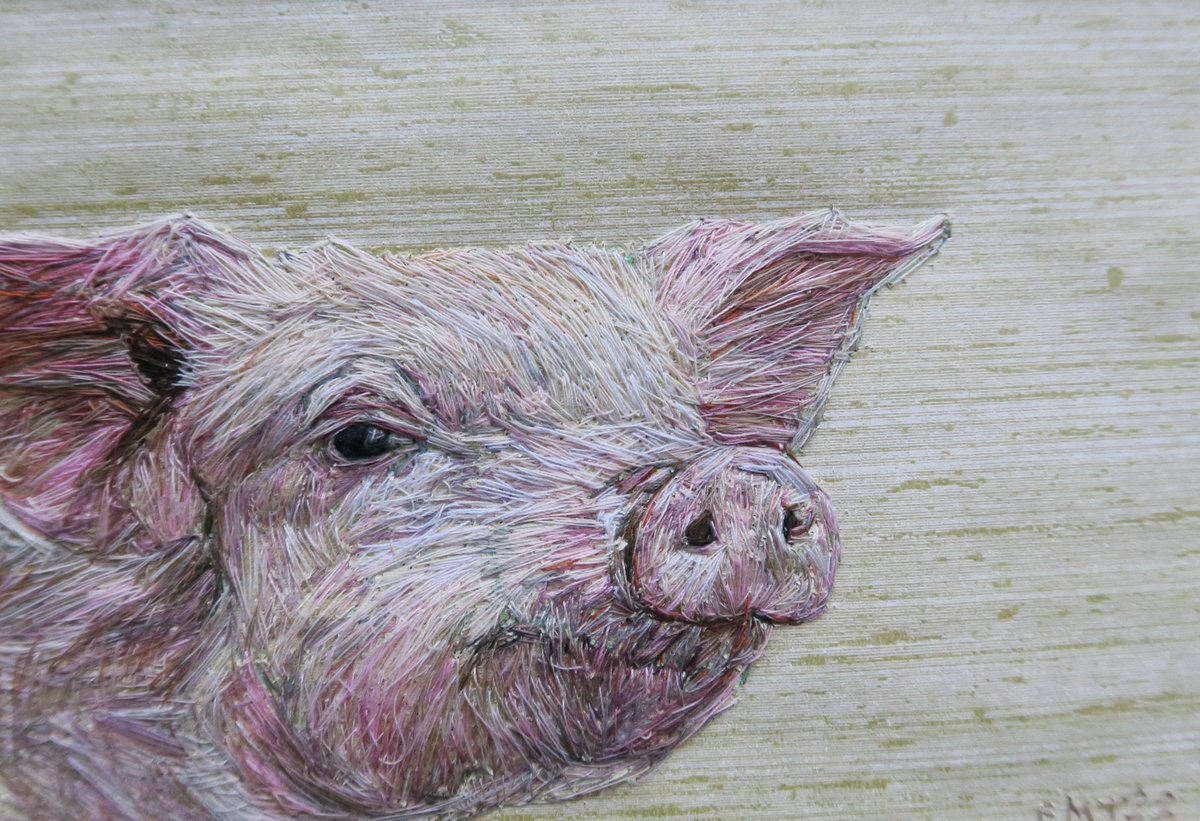 Piglet animal thread painting artwork, created with hand embroidery on wallpaper. Set in a white mount. emilytull.co.uk/store/p180/pig… #HandmadeHour