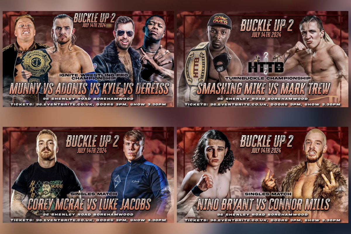 4 matches announced so far for our HUGE joint show with @HTTBUCKLE and my goodness just take a look at these BANGERS 🔥 Dereiss & Jacobs debut, Munny & Mills return! Tickets are already limited so move fast to join us for Buckle Up 2 🎟️ eventbrite.co.uk/e/ignite-wrest…