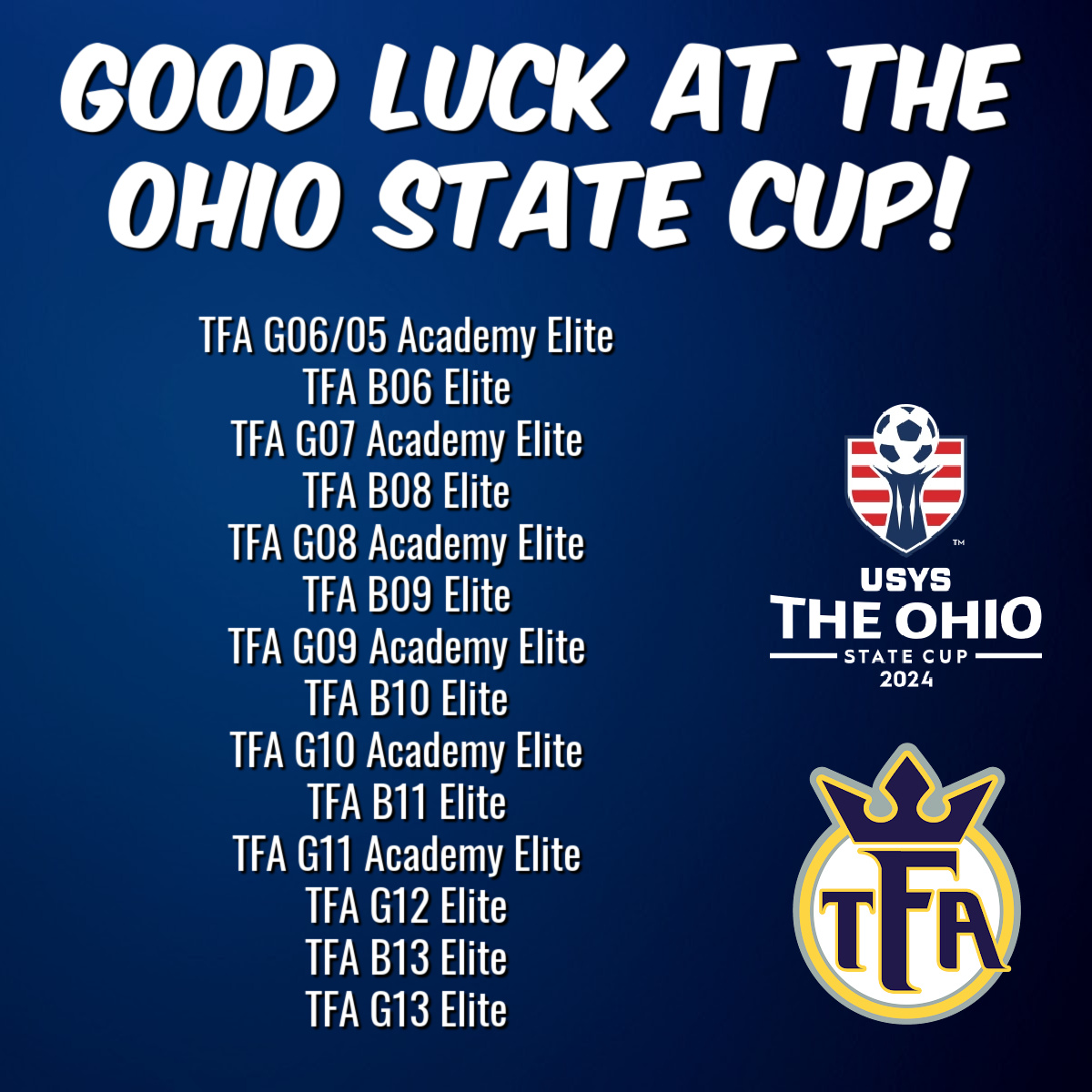 TFA_Cincinnati's tweet photo. Good Luck to all of our teams in the State Cup Round-Robin this weekend! #TFAon3 https://t.co/VZz8PsHr8m