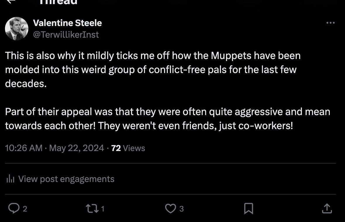 Part of the reason why stuff like Meet the Feebles and Happytime Murders doesn't work IMO is that the Muppets' central joke was already that their cartoony puppet exteriors hid deep violence and resentment.

Just making it R-rated adds nothing.