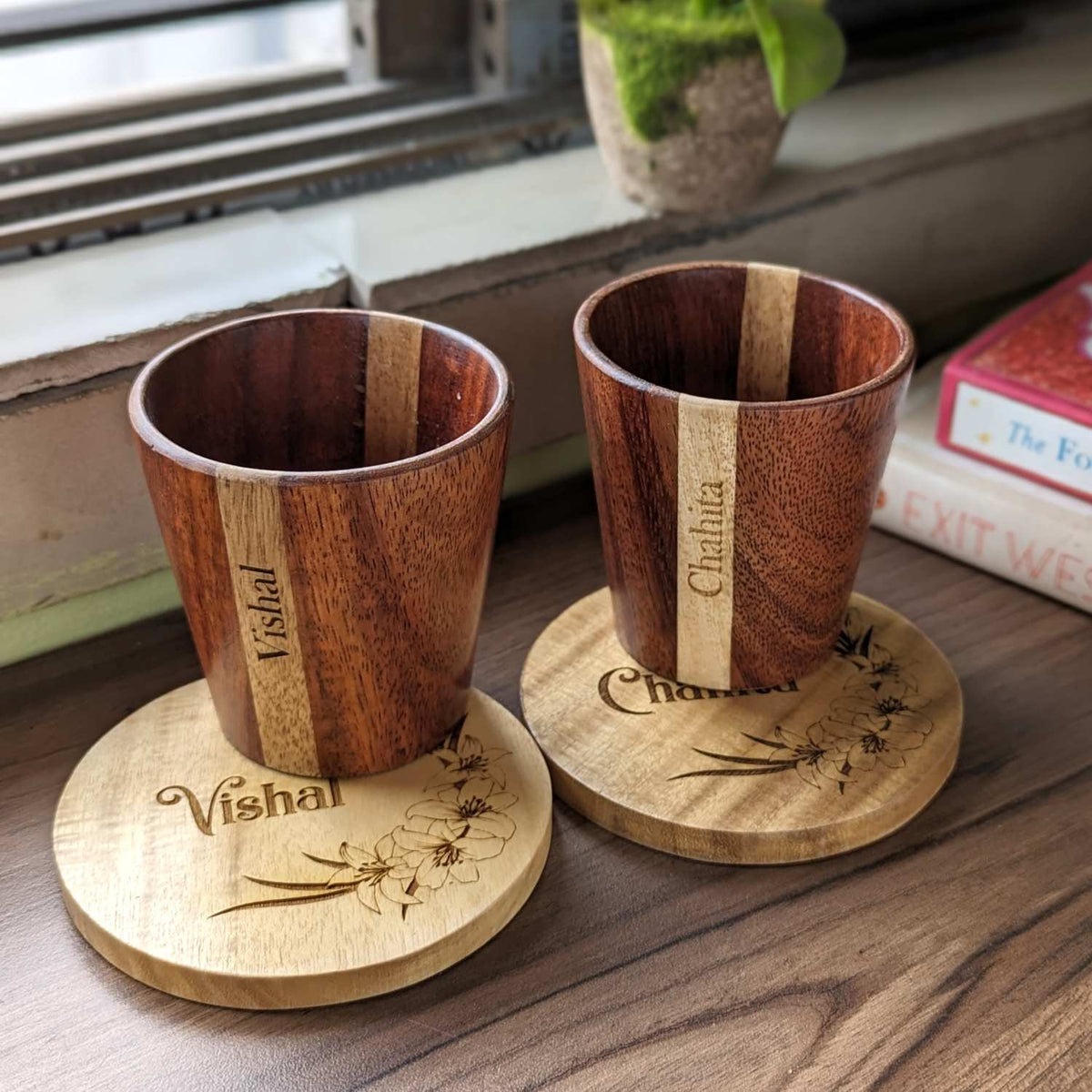 A personalized gift set with 2 name engraved wooden tea cups, a personalized tea tray with your custom engraved message and 2 wooden coasters with names or a logo engraved. #woodgeek #woodgeekstore #anniversarygifts #happyanniversary #giftforpartner #giftforlove #giftsetideas