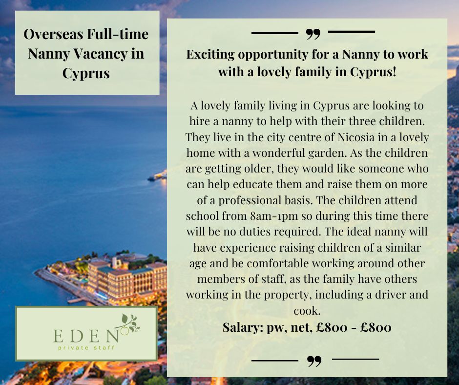 Overseas Full-time Nanny Vacancy in Cyprus edenprivatestaff.com/job/overseas-f… #nannyagencies #nannyjob #childcare #childcarejob #nannyjobs #babynanny #babynannyjob #Montessori #norlandnanny #chilternnanny #nannyagency