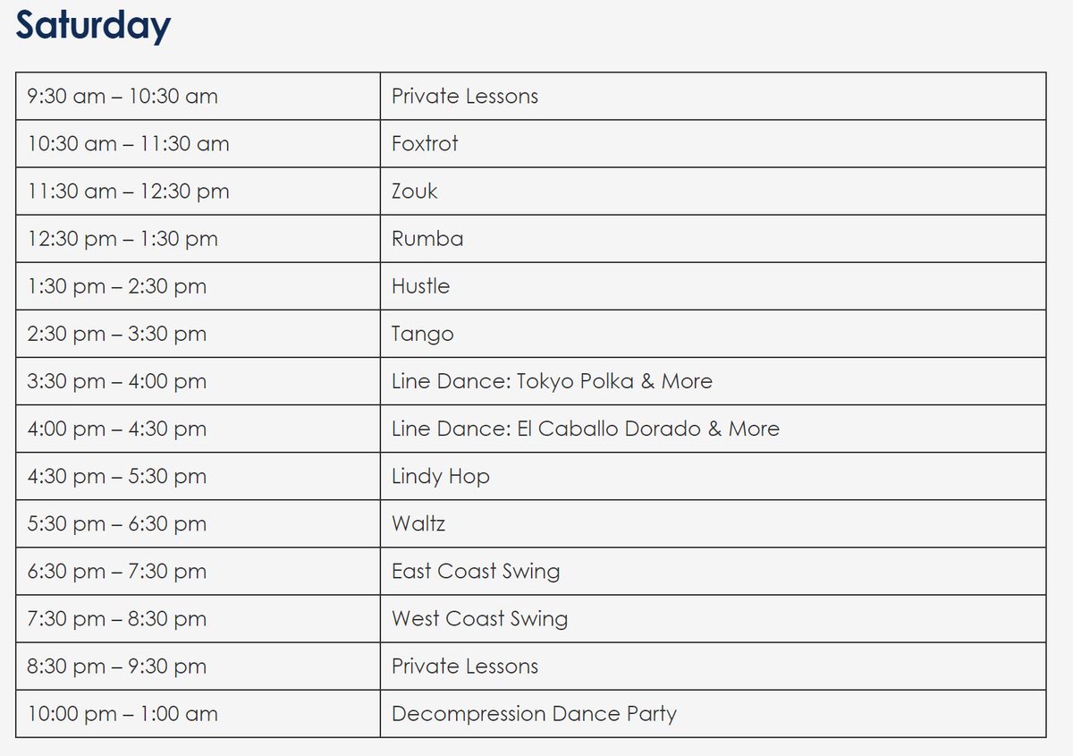 FanimeConBWBall's tweet image. Happy day 2, dancers! Here's our lesson schedule for Saturday. Can't wait to see you on the dance floor soon. 💃

✨Don't forget: Tonight at 10pm is the Decompression Dance Party, our casual dance event where you can practice some of the moves you've learned over the weekend!