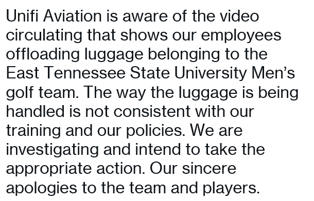 Statement from Unifi Aviation @ETSU_MGolf