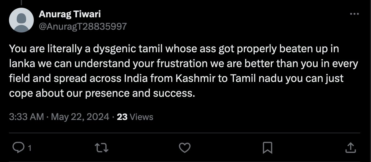 Tiwari: 'How can I show that I'm better than this one guy because of my race and definitely not mentally unhinged? Oh! Let me brag about how the Sri Lankan government r@ped children and committed war crimes and genocide. That'll work!'