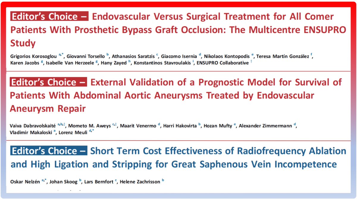 Don't miss this month's #EJVESECs 🧵!! 1 - ENdovascular versus SUrgical Treatment for All-comer Patients with PROsthetic Bypass Graft Occlusion. The Multicenter ENSUPRO Study. 2 - External validation of a prognostic model for survival of patients with AAA treated with EVAR. 3