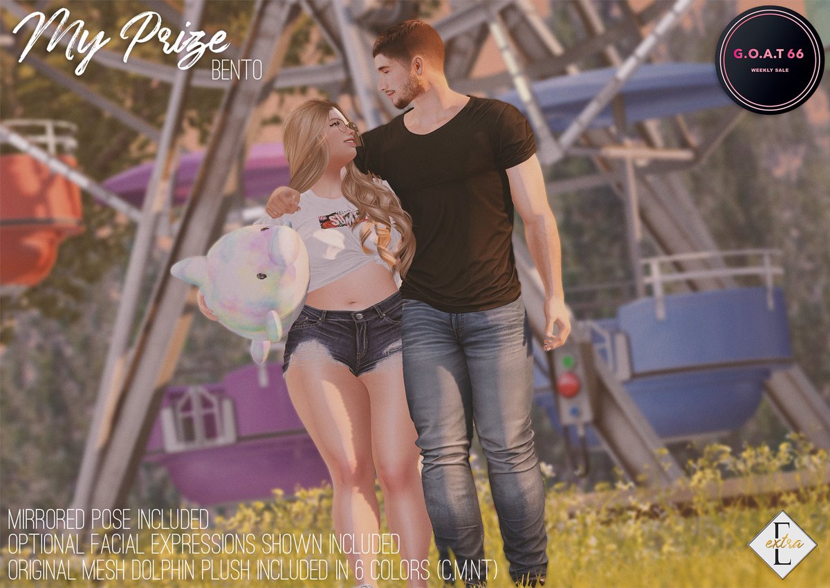 ExtraSL's tweet image. 𝗚.𝗢.𝗔.𝗧 𝟲𝟲 𝟱/𝟮𝟰 - 𝟱/𝟮𝟲

Now on sale this weekend for L$66! Mirrored pose, optional facial expressions shown and original mesh plush dolphin in 6 colors included!

maps.secondlife.com/secondlife/Cro…