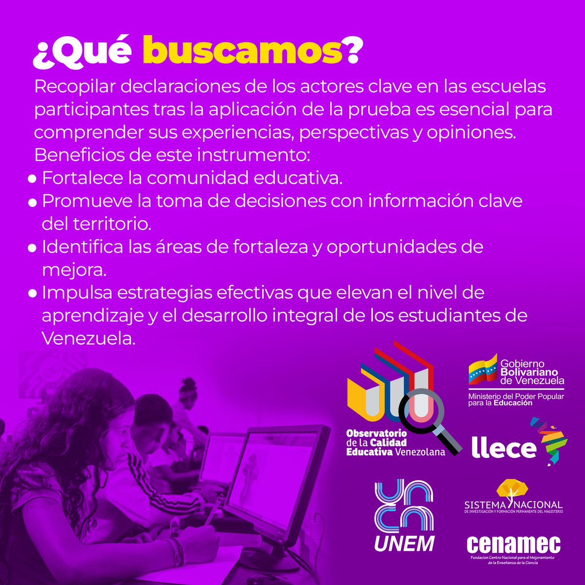 ¡Una herramienta para potenciar la educación!

Junto a veedores/as y organismos internacionales, implementamos esta evaluación que generará nuevas metodologías de enseñanza para fortalecer el desarrollo integral de nuestros/as estudiantes.
#PuebloMaduroPaLasQueSea
<a href="/NicolasMaduro/">Nicolás Maduro</a>