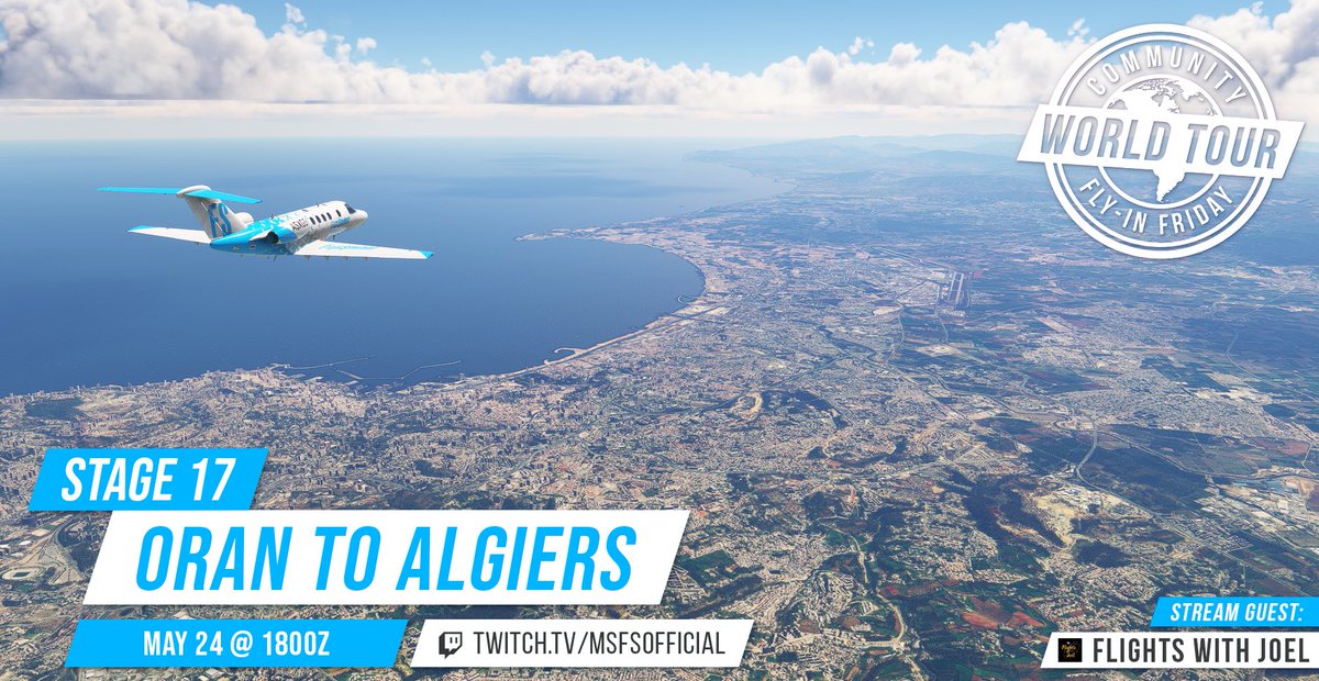 The Community Fly-In Friday World Tour continues! 🗺️ 

We're continuing our voyage across Africa’s Mediterranean coastline, heading further East as we takeoff from Oran and fly onwards to Algeria’s capital city, Algiers.

Fly-In event information:
🔗 forums.flightsimulator.com/t/642466