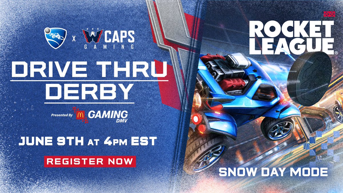 We're taking Rocket League on ice with a brand-new tournament: The Drive Thru Derby Presented by @McDonalds_DMV! 📅: June 9th 🕓: 4PM EST 🏙️: @DistrictEDC (THIS IS NOT AN ONLINE TOURNAMENT!) 🎮: Rocket League: Snow Day Mode 2v2 ❄️ 💰: $1,000 Prize Pool 💵: NO ENTRY FEE Sign-up