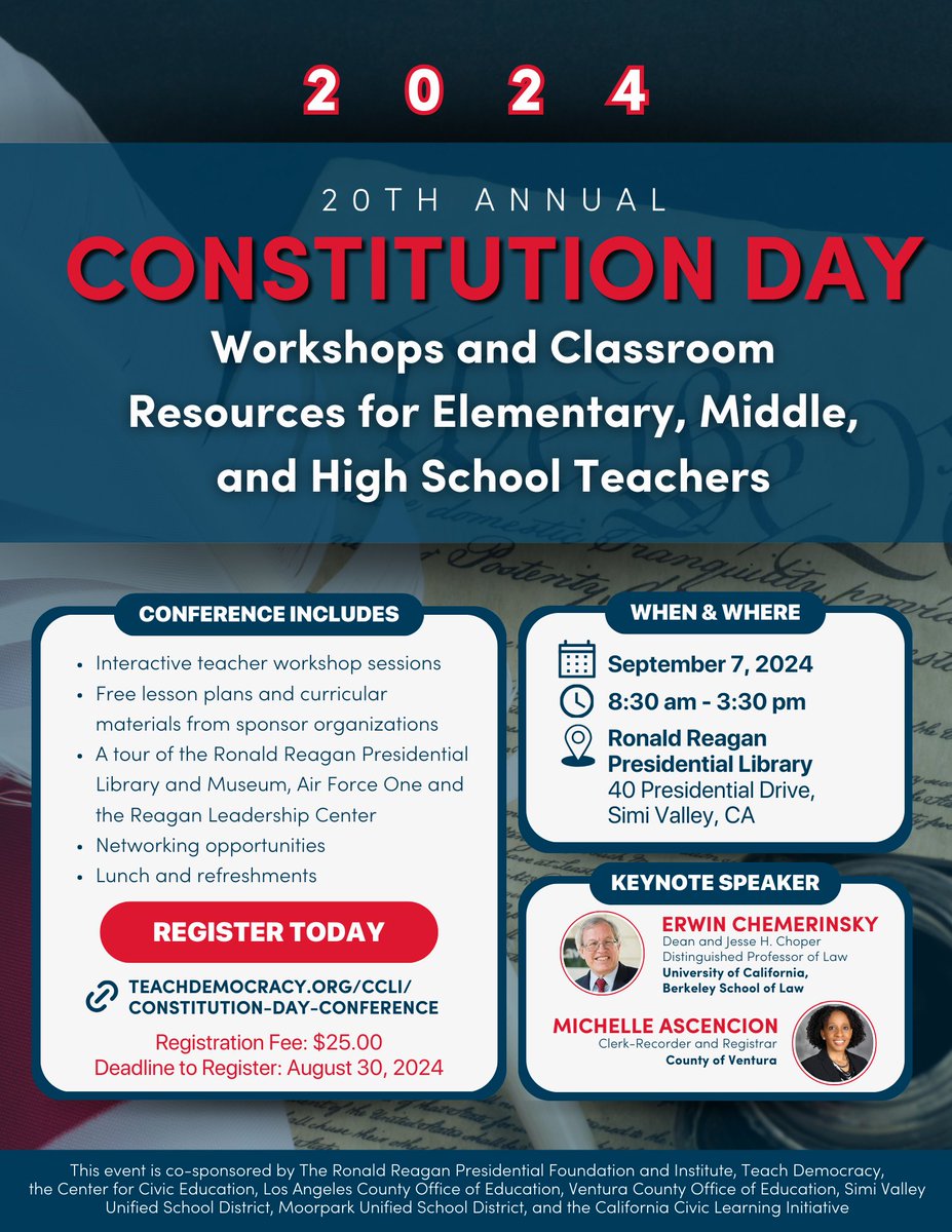 Teach Democracy (@_teachdemocracy) on Twitter photo Register now for the 20th Annual #ConstitutionDay Conference on September 7 at the <a href="/Reagan_Library/">RonaldReaganLibrary</a>! We're proud to co-sponsor this event, feat. Erwin Chemerinsky, Dean of <a href="/BerkeleyLaw/">UC Berkeley Law</a>, and Michelle Ascencion, <a href="/VCClerkRecorder/">VC Clerk Recorder</a>! Register here: teachdemocracy.org/ccli/constitut… #civiclearning Register now for the 20th Annual #ConstitutionDay Conference on September 7 at the <a href="/Reagan_Library/">RonaldReaganLibrary</a>! We're proud to co-sponsor this event, feat. Erwin Chemerinsky, Dean of <a href="/BerkeleyLaw/">UC Berkeley Law</a>, and Michelle Ascencion, <a href="/VCClerkRecorder/">VC Clerk Recorder</a>! Register here: teachdemocracy.org/ccli/constitut… #civiclearning