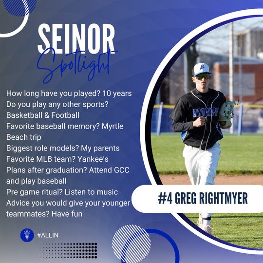 Thank you to all of our seniors! 1st shoutout goes to Greg Rightmyer who locked down RF for us and batted .339 with a .474 OBP! Best of luck Greg as you continue your baseball career at GCC next year! @BCSDBlueDevils @PickinSplinters @PrimetimeBall_ @baseballsectv