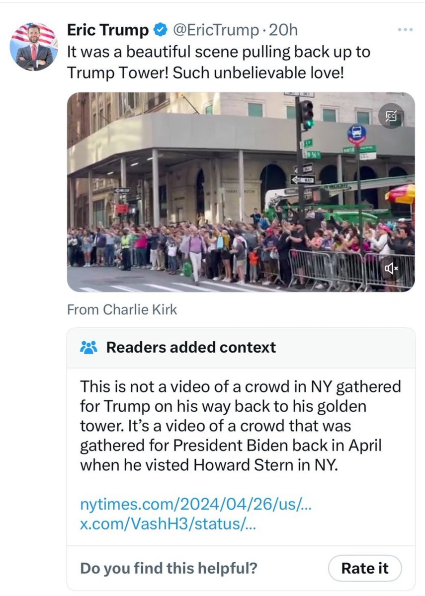 Eric Trump getting fact checked saying this crowd was for his Dad, when it was really people cheering for President Biden on his way to Howard Stern, is the most Eric Trump thing ever.